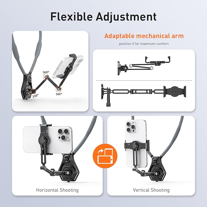 AMAZEAR Hands-Free Neck Mount for Phone & Action Camera - Adjustable Neckband Holder for iPhone, Android, POV Vlog Recording with Secure QR Magnetic Base, Elastic Anti-Shake Chest Strap
