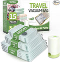 15 Packs Vacuum Bags for Travel with Rechargeable air Pump, 3 Sizes Vacuum Seal Bags for Clothing, Space-Saving Compression Storage Bags for Travel & Closet Organization
