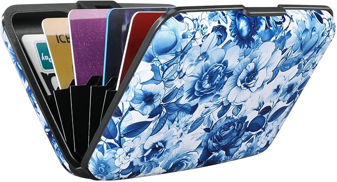 ELFISH RFID Blocking Credit Cards Holder Aluminum Wallet Metal ID Case for Men Women(Blue and White Peony)
