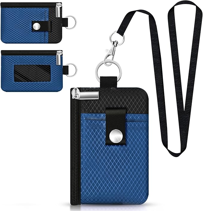 Minimalist RFID Blocking Small Wallet with ID Window,WaterResistant Zip Id Case Wallet with Lanyard Keychain for Cards,Cash,Travel,Women,Men (Electric Blue/Black)
