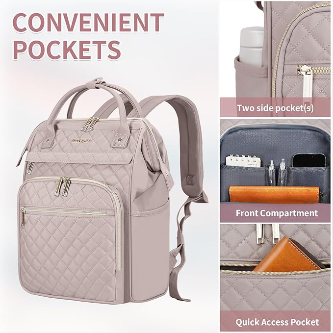 EMPSIGN 17 Inch Laptop Backpack for Women, Work Business Travel Computer College Bags, Large Capacity Water-repellent Quilted Casual Daypack, Dusty Pink