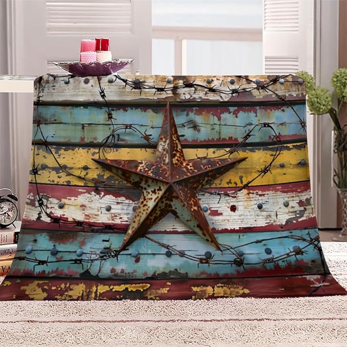 Western Texas Star Throw Blanket, Fleece Blanket for Couch Bed Sofa, Vintage Wooden Blankets and Throws, Rustic Farmhouse Super Soft Cozy Plush Flannel Blanket, 40 x 50 in, West Cowboy