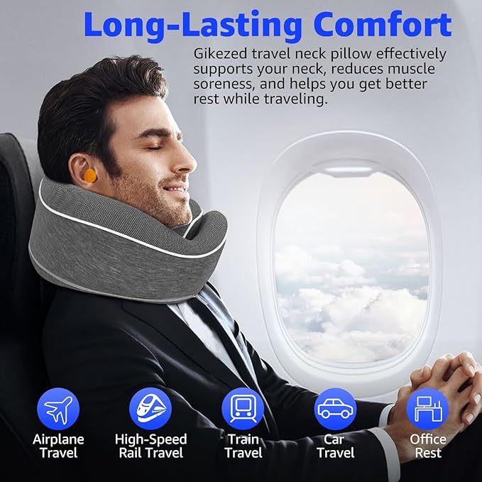 Travel Pillows for Airplanes Ergonomic Memory Foam Neck Pillow for Travel - 360° Head & Neck Support for Sleeping on Flights, Cars, Trains & Office (Dark Gray-2)