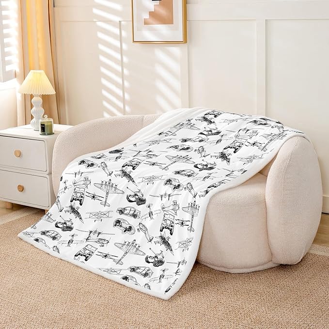 Airplane Kids Throw Blanket,American Aircraft Tank Toddler Bed Blanket for Girls Boys Adults,Hand-Painted Sketch Racing Car Fleece Blanket,Black White Fuzzy Blanket,Baby Size (30 x 39 Inches)