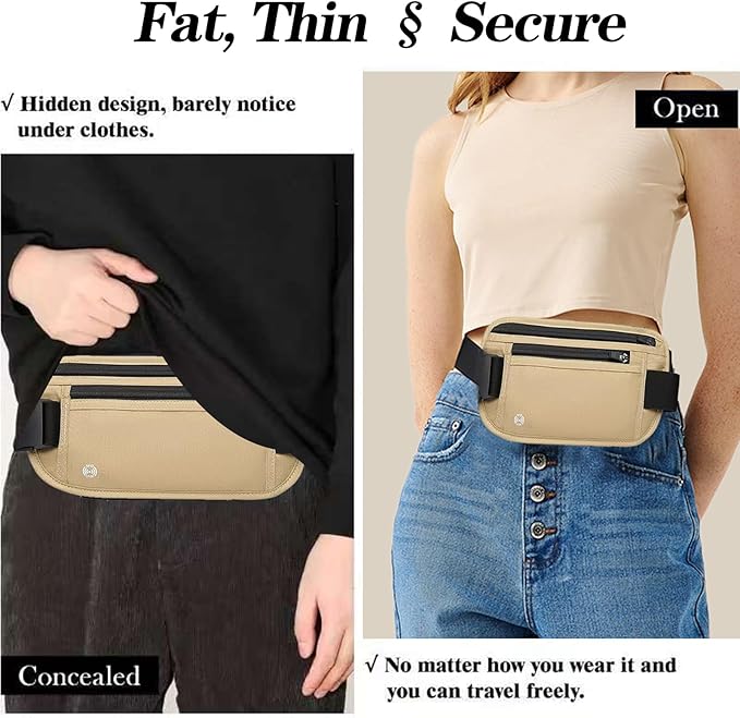 Khaki Hidden Money Belt for Travel for Men, Waist Wallet Anti Theft, RFID Passport Holder For Travel Men Or Women, Money Pouch, RFID Passport Holder