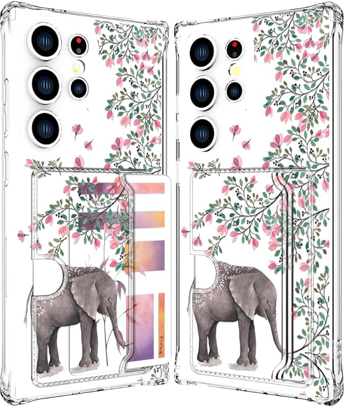 Compatible with Samsung Galaxy S24 Ultra Case Card Holder for Women Cute Design,Wallet Phone Cases Transparent Cool Kawaii Protective (Clear Elephant Flowers)