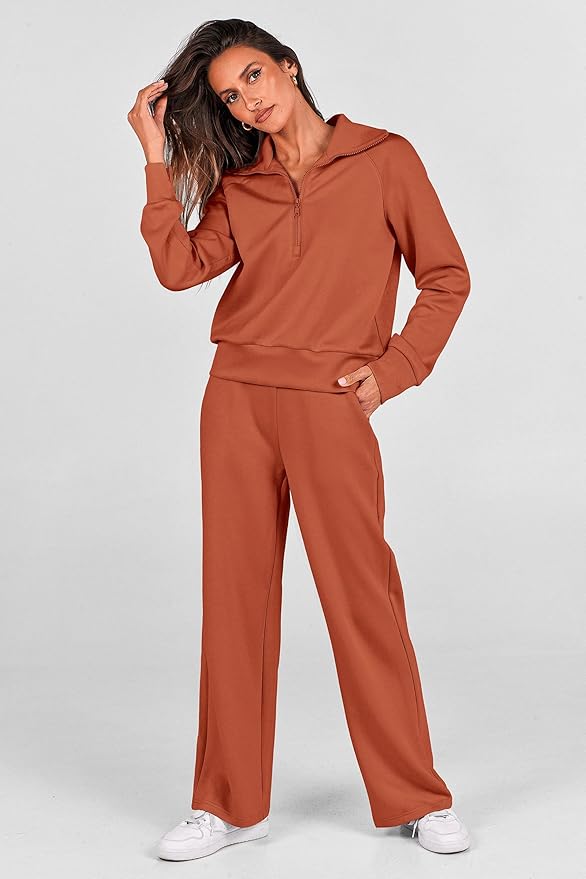 PRETTYGARDEN Women's 2 Piece Outfits Casual Lapel Half Zip Sweatshirts and Wide Leg Pants Tracksuit Sets