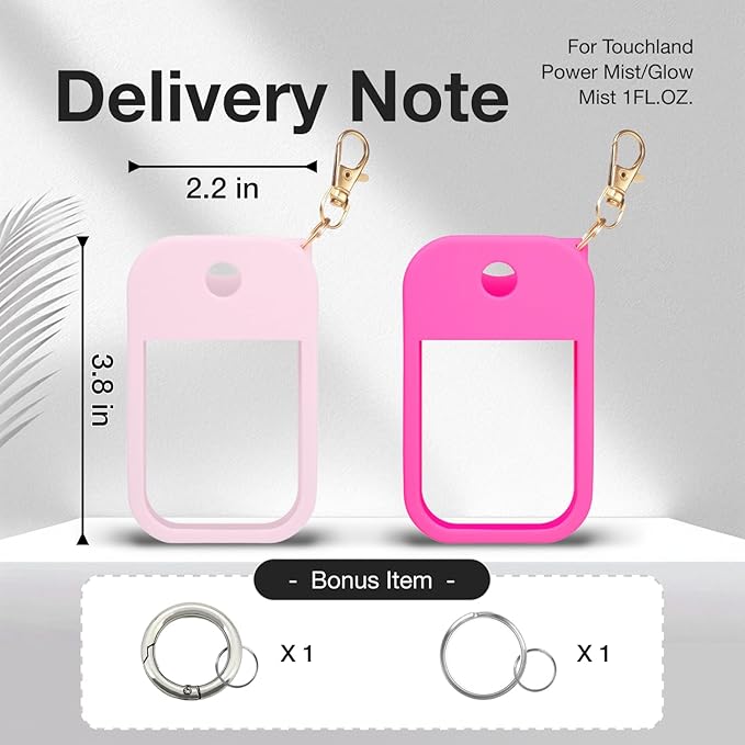 2 PCS Soft Silicone Case for Touchland Power Mist (1FL. OZ./30 mL), Protective and Stylish Case with Keychain Compatible with Touchland Hand Sanitizer Spray (Pink/Hot Pink)