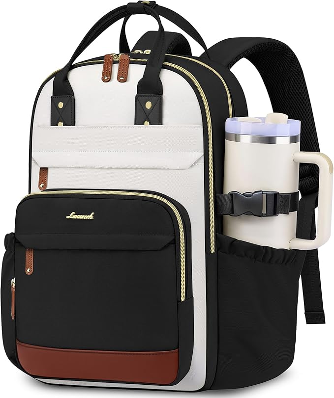 Laptop Backpack for Women Bag: 17 inch Backpacks with Pouch Pocket for Large Capacity Cup Travel Waterproof Bookbag Anti-theft College Casual Work Book Bags for Teacher Nurse Black Beige