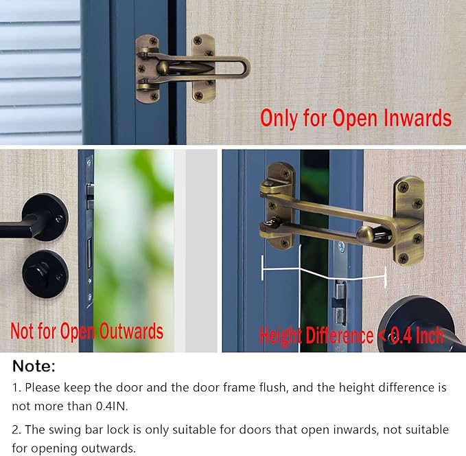 Topbuti Home Security Door Lock, 2 Pack Latch Guard Clasp Front Door Locks for Kids, Home Reinforcement Lock for Swing-in Doors, Hotel Door Latches, Thicken Solid Aluminium Alloy (Antique Brass)