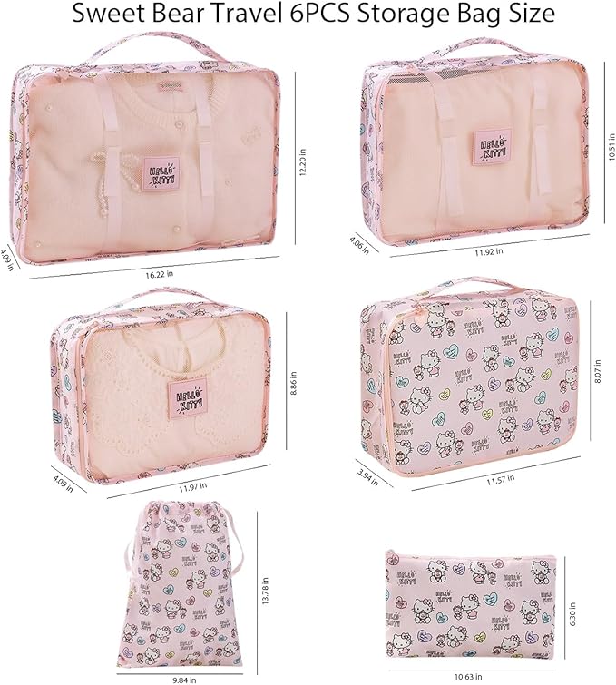 AmBealla 6 Set Travel Organizer,Packing Cubes for Travel Luggage Organizer Bags,Waterproof Pink Twill,Cute Packing Organizers for Business/Vacation,Women's Clothes Storage