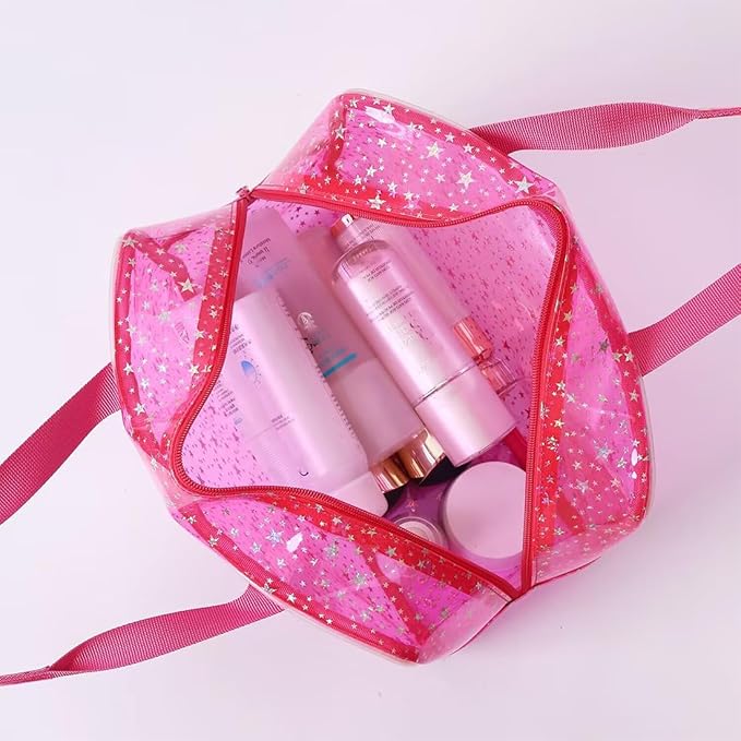 SxoSyo Clear Makeup Bags Large Toiletry Bag for Women Transparent Cosmetic Bag with Handle Travel Essential Bathroom Organizer (Pink Star)