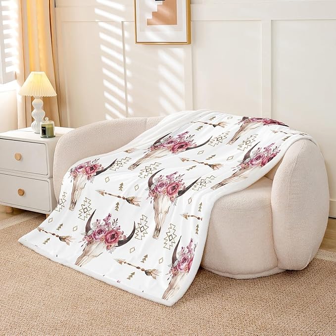 Manfei Cow Skull Kids Throw Blanket,Western Cowboy Aztec Flowers Romantic Bed Blanket for Girls Boys Adults,Arrows Boho Tribal Fleece Blanket,Rustic Retro Fuzzy Blanket,Queen Size (90 x 90 Inches)