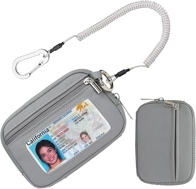 Prime Comfort Small Zip Wallet with Anti - Loss Tether, ID card package Holder, Student daily wallet, card bag, ID bag Holder (With Tether-Grey)