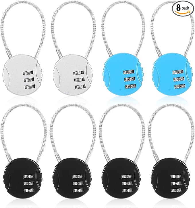 Moxweyeni 8 Pack Combination Wire Lock 3 Digit Small Combo Luggage Number Cable Padlock Outdoor Waterproof Resettable Lock for School Gym Locker Travel Backpack Suitcase Storage (Black,Silver,Blue)