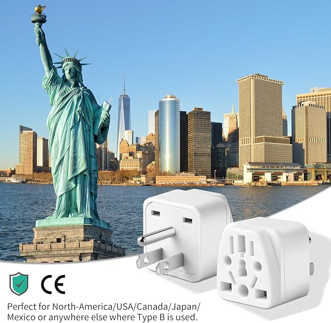 2 Pack US Travel Plug Adapter, 3 Prong Grounded USA Wall Plug Wall Outlet Power Charger Converter (White)
