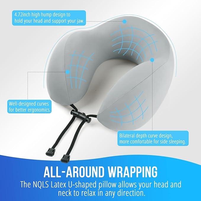 Travel Pillow, Natural Latex Neck Pillow, Comfortable Airplane Travel Pillow, Supports Head and Neck, Essential for Long Distance Travel, Grey