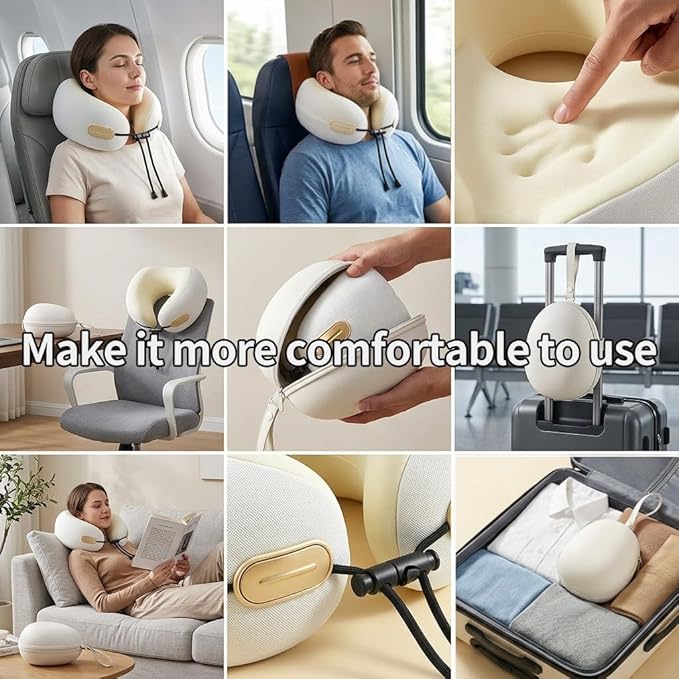 Travel Neck Pillow with Storage Case, 100% Pure Memory Foam, Airplane Head Support for Flight Sleeping, Portable, Beige