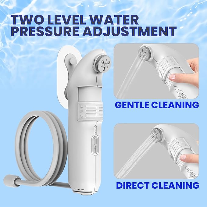 2Clean Portable Bidet - Travel & Home Use High Pressure Sprayer, USB Rechargeable Hygiene Device for Toilets with 2.5L Container, Variable Intensity, Lightweight Design, Wall Bracket Included