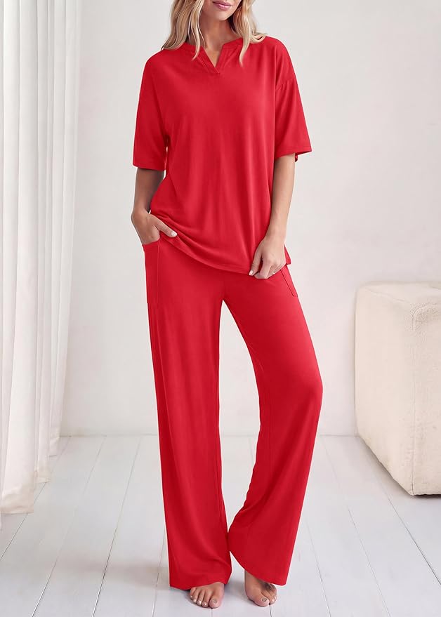 KIRUNDO Womens 2 Piece Matching Lounge Set Airport Travel Vacation Summer Outfits Oversized Short Sleeve Tops Wide Leg Pants