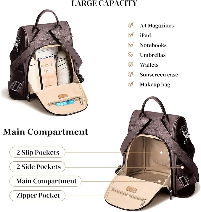 Leather Backpack Purses, Anti-theft Genuine Leather Backpack Bags for Women, Large Capcacity Fashion Convertible Shouler Bags for School Travel Daily