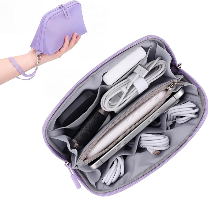 FYY Travel Cable Organizer - 8 Compartments Lightweight Water Resistant Tech Pouch with Wrist Strap, Portable Electronic Accessories Case for Cord Charger Storage for Travel Home Office Purple (Small)