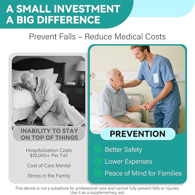 Wireless Bed Alarm for Elderly - Fall Prevention Sensor Pad with Pager - Early & Exit Alert Modes for Dementia Patients - Under Mattress Support, Replaceable Battery