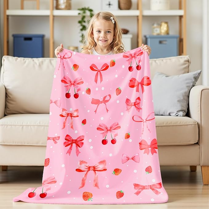 Wajade Strawberry Bow Gifts for Boys Girls - Strawberry Bow Blanket Birthday Christmas Decor for Kids Age 3 4 5 6 7 8 9 10 11 12 Years Old Teens Child Toddler Throw Light Grey 60"x80"