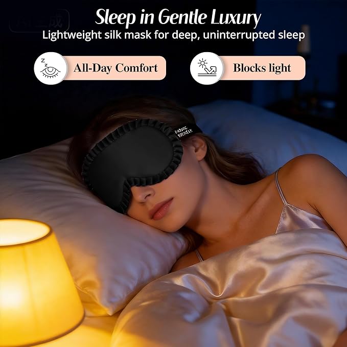 Silk Sleep Mask for Women: 100% Mulberry Silk Eye Mask, Black Back Sleeping Mask for Light Blocking, Soft Wavy Edge Eye Cover and Adjustable Strap, Travel & Sleep Gift (Black)