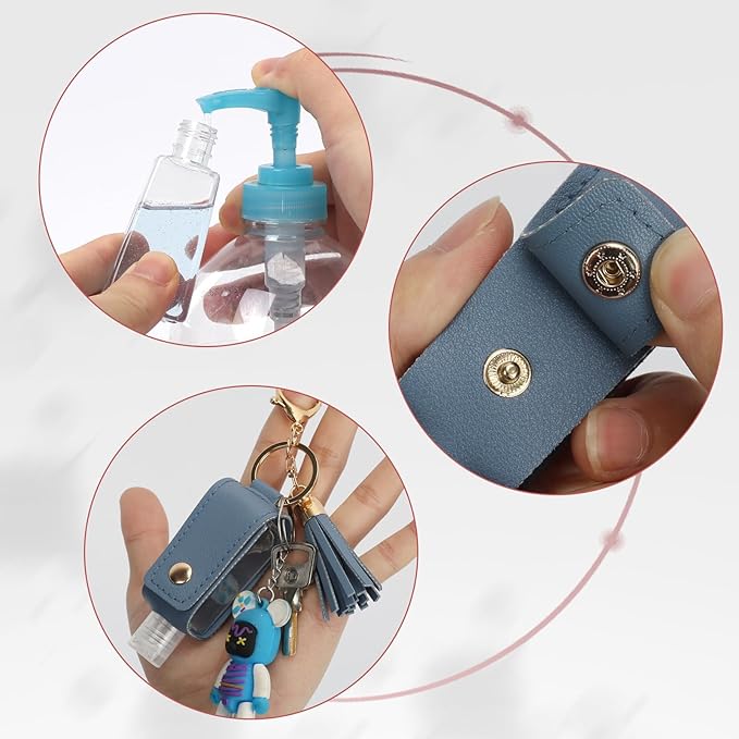 Unaone 1oz/30ml Hand Sanitizer Holder Travel Size, Empty Bottle Leather Sanitizer Holder with Keychain Portable Small Squeeze Bottle Refillable Container for Toiletry Lotion Liquid Soap Shampoo Blue