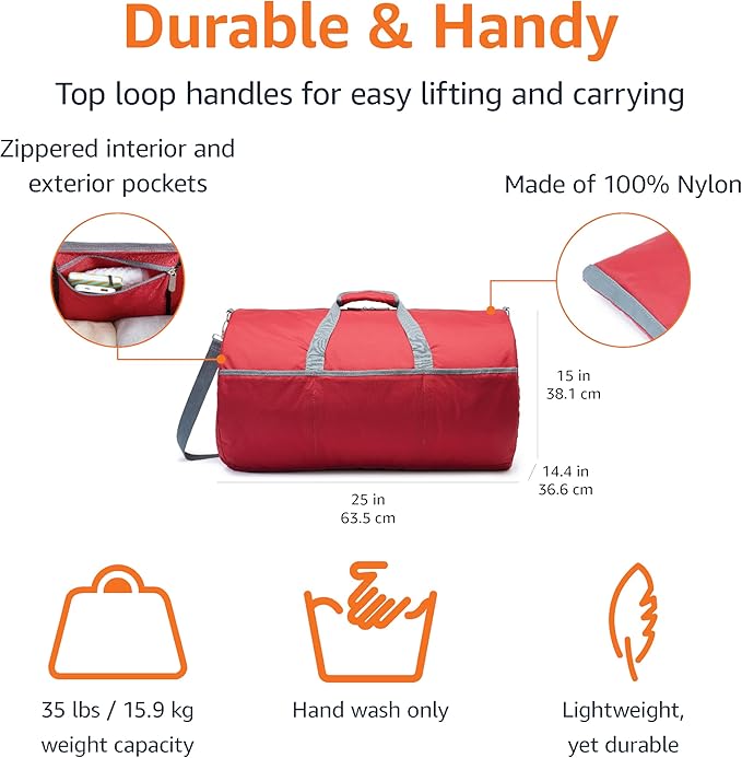 Amazon Essentials 25-inch Foldable Packable Nylon Duffel Bag for Travel and Sports with Multiple Zippered Pockets, 35 lb Weight Capacity, Collapsible for Easy Storage, Red