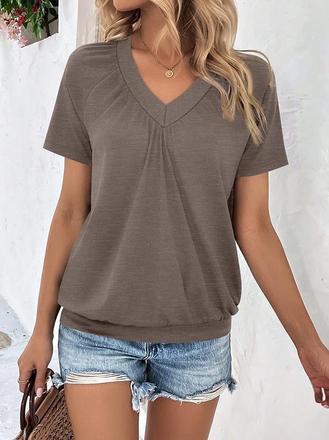 AUTOMET Womens Tops Short Sleeve V Neck T Shirts 2026 Summer Spring Beach Vacation Clothes Casual Loose Ruched Top