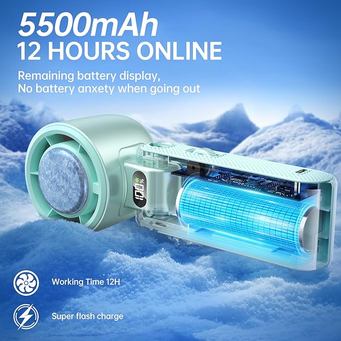 Handheld Portable Fan with Ice Cooler: 199-Speed 5500mAh Rechargeable Handheld Fan, 12H Time Hand Cooling Personal Fans with 20000 RPM Air Turbo Tech for Travel Outdoor (Green)