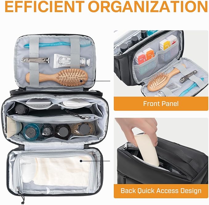 Everfun Compact Toiletry Bag for Men and Women Traveling, Wide Open Shaving Dopp Kit, Water Resistant Makeup Organizer Hygiene Bag with Wet Dry Compartment - Black, Medium