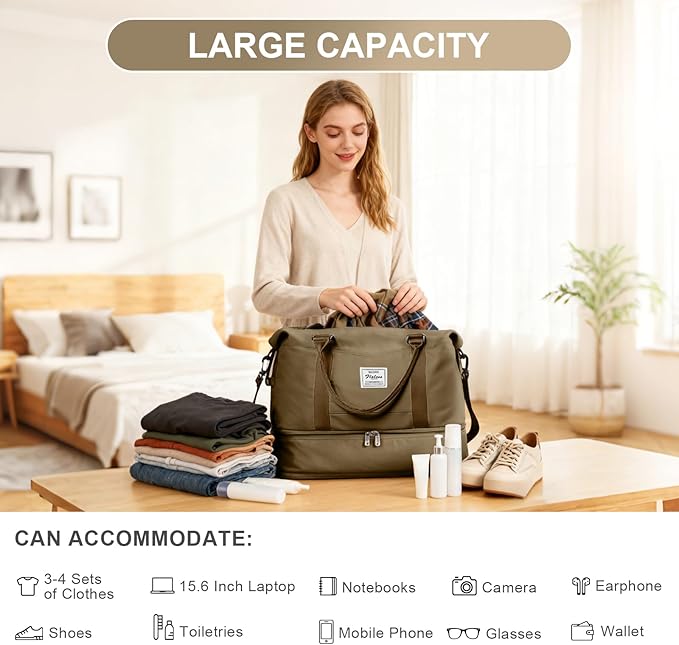 Travel Duffel Bag, 18x14x8 Inches Travel Bag Spirit with Shoes Compartment, Weekender Overnight Bag for Women with Trolley Sleeve, Carry On Bag for Airplanes Sport Tote Gym Bag(Khkai).