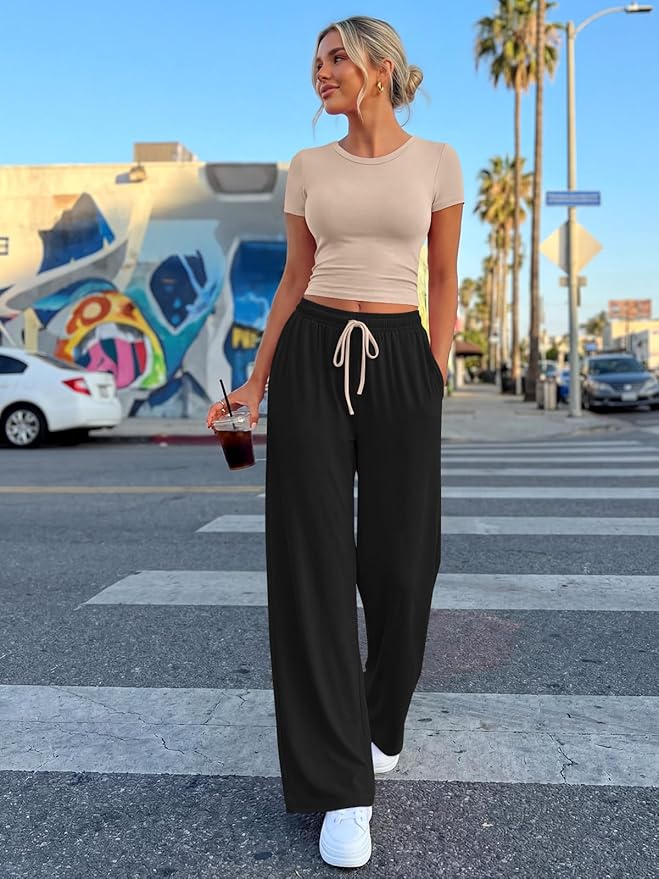 Trendy Queen 2 Piece Matching Summer Lounge Set Womens Side Ruching Top Wide Leg Pants Sets with Pockets