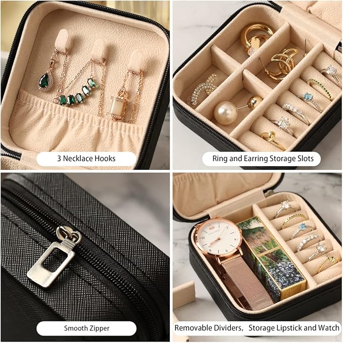 ZPROW Travel Jewelry Case, Mini Portable Jewelry Travel Boxes, Small Jewelry Organizer for Rings, Earrings, Pendants, Watches, Necklaces, Lipsticks Organizer Storage Holder Case (Black)