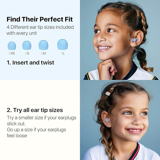 Kids Earplugs (6-12 yrs), Noise Reduction for Child/Adult with Small Ear-Canal, Noise Sensitivity Ear Plugs for Home, School, Playtime & Beyond, 8 Tips in XS/S/M/L - 26dB Ear Protection
