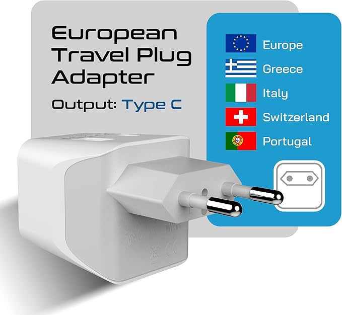 Ceptics European Travel Plug Adapter – Compact Type C & F Adapter with USB-C & A + USA Input – Safe Grounded Schuko Adapter – Travel Charger for France, Germany & More – CTU-9-9C-PK
