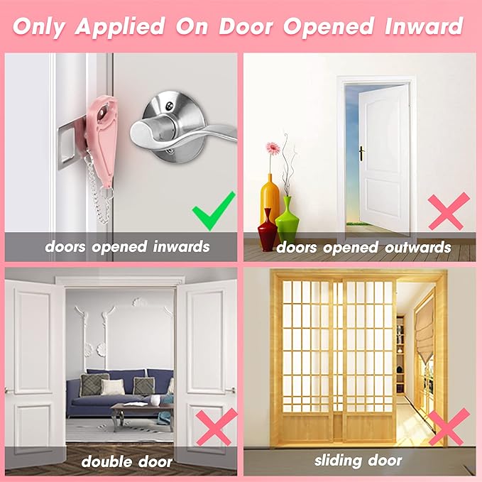 AceMining Portable Security Door Locker Travel Lockdown Locks for Additional Safety and Privacy Perfect for Traveling Hotel Home Apartment College-Pink(2 Pack)