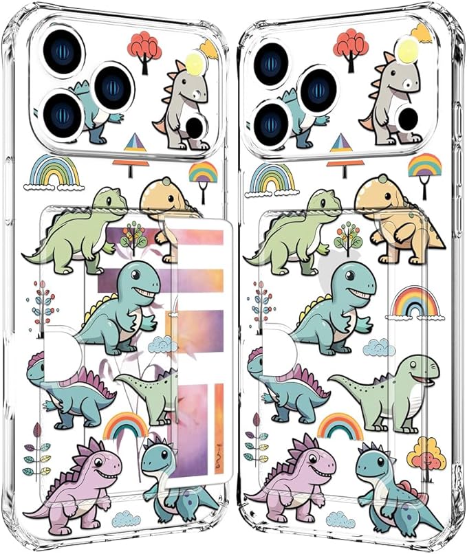 Compatible with iPhone 17 Pro Case Card Holder for Women Cute Design,Wallet Phone Cases Transparent Cool Kawaii Protective (Clear Lovely Dinosaurs)