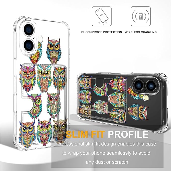 Compatible with iPhone 16 Plus Case Card Holder for Women Cute Design,Wallet Phone Cases Transparent Cool Kawaii Protective (Clear Colorful Owls Cartoon)