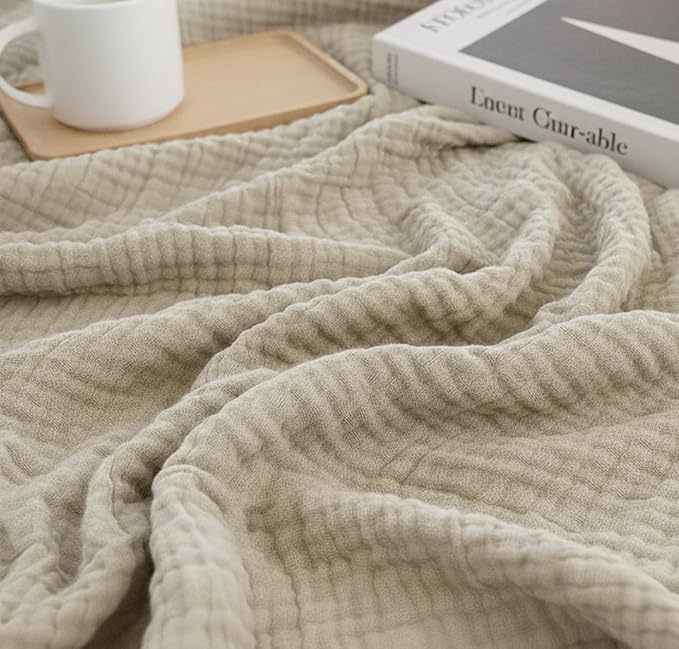 KyraHome 100% Organic Cotton 90"x104" King Size Muslin Blankets for Adults, Couch, Pre-Washed Plant Dyed, Breathable Cozy Gauze Bed Blanket, All Season (Oatmeal Khaki)