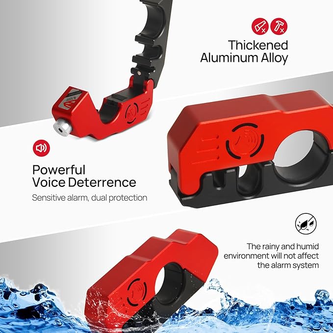 Motorcycle Locks Anti Theft, 130DB Alarm Motorcycle Grip Brake Lock, Heavy Duty Handlebar Throttle Lock Waterproof Alarm System for Moped, Bike, Scooter, ATV (Red)