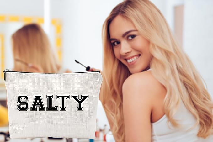 Funny Makeup Bag for Women - "SALTY" Sassy Cosmetic Pouch - Preppy Varsity Letter Style Travel Toiletry Organizer - Cute Beige Canvas Zipper Clutch for Beach Vacation, College Dorm & Best Friend Gift