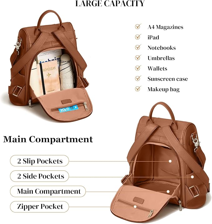 Leather Backpack Purses, Anti-theft Genuine Leather Backpack Bags for Women, Large Capcacity Fashion Convertible Shouler Bags for School Travel Daily