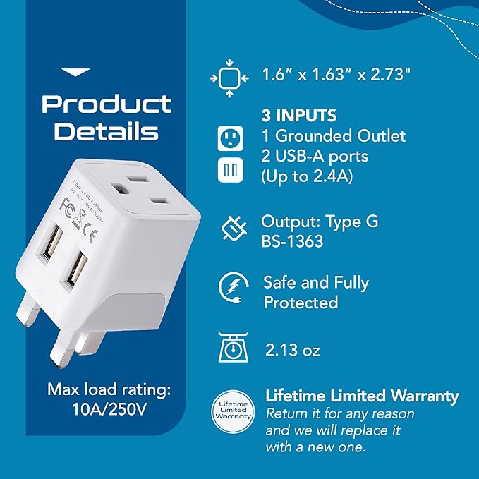 Ceptics Type G Travel Adapter - Canada to UK, Ireland & UAE Grounded Plug Adapter with Dual USB Ports for Electronic Devices (CTU-7)