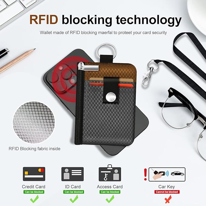 Minimalist RFID Blocking Small Wallet with ID Window,WaterResistant Zip Id Case Wallet with Lanyard Keychain for Cards,Cash,Travel,Women,Men（Drak Grey/Brown）