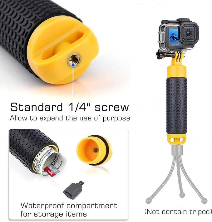 GEPULY 60M/196FT Waterproof Case for GoPro Hero 13 12 11 10 9 Black, Floating Handle Grip Pole Stick Monopod Underwater Accessories Protective Case Dive Shell