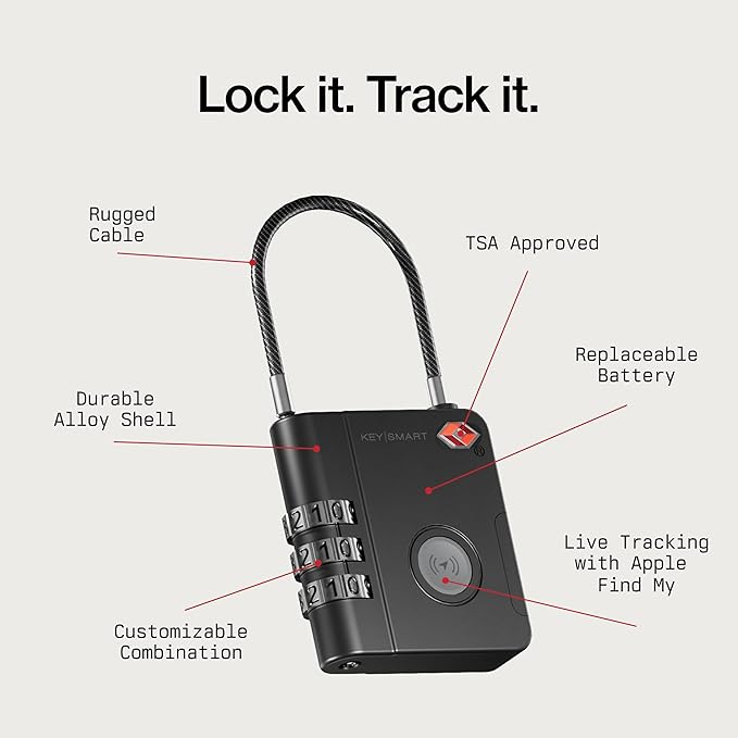 KeySmart SmartLock Tracking Luggage Locks, TSA Locks for Luggage, GPS Tracker, Combination Lock Compatible with Apple Find My App, Best Travel Essentials, Replaceable Non-Rechargeable Battery (5 Pack)